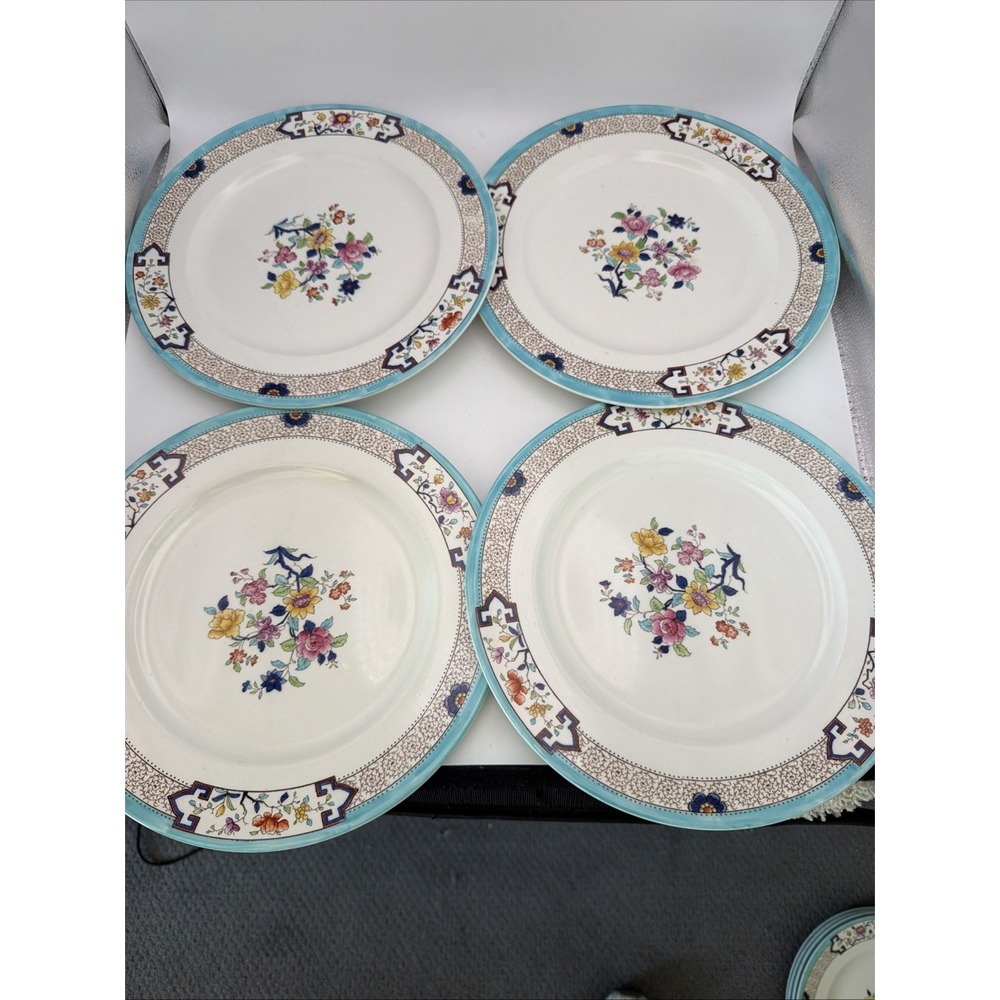 Cauldon England Floral 10" Dinner Plates 2482 Turquoise Border Vintage Set of 4